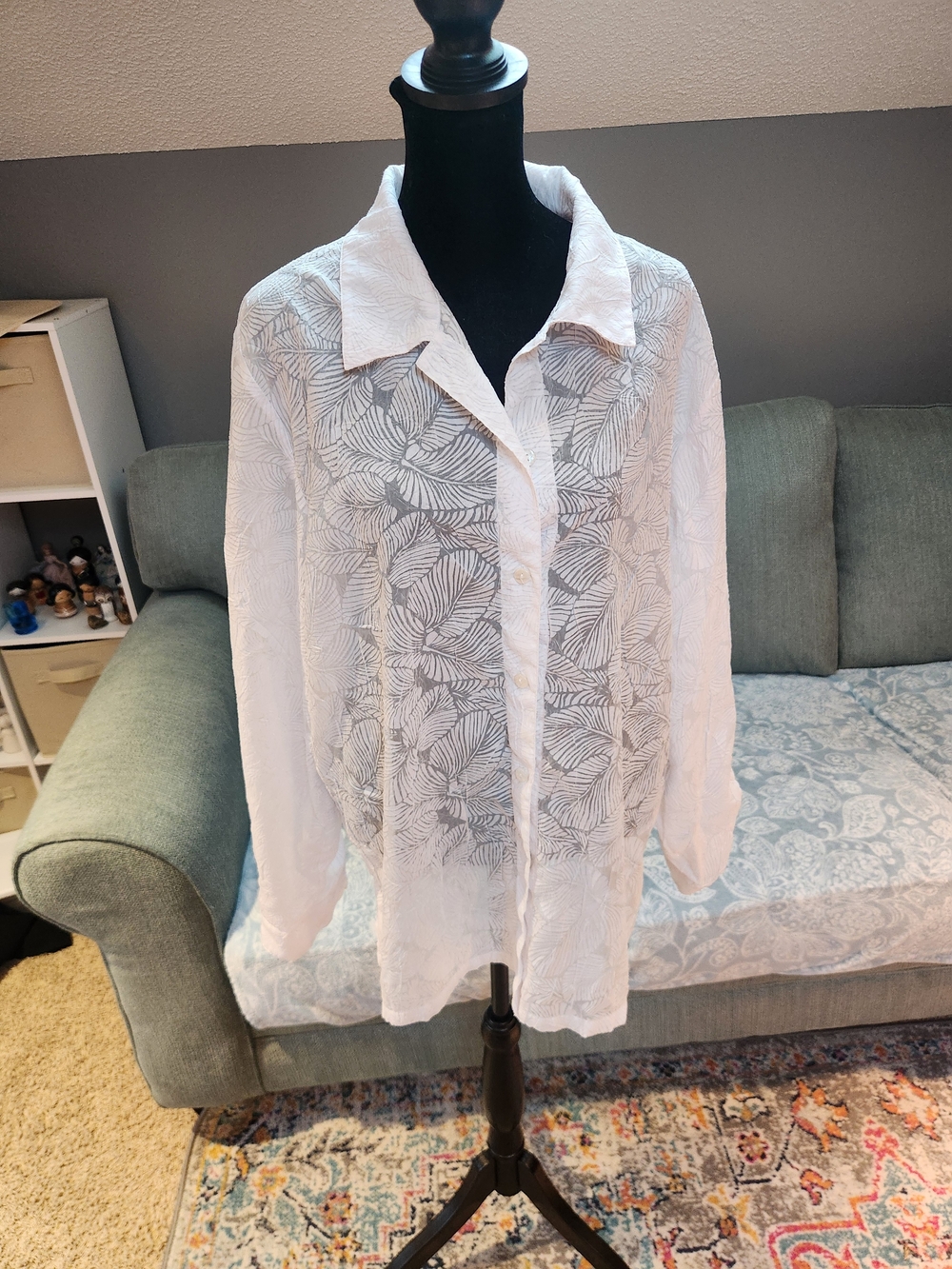 Drapers & Damons Sheer White Leaf Print Blouse Large Cotton Blend